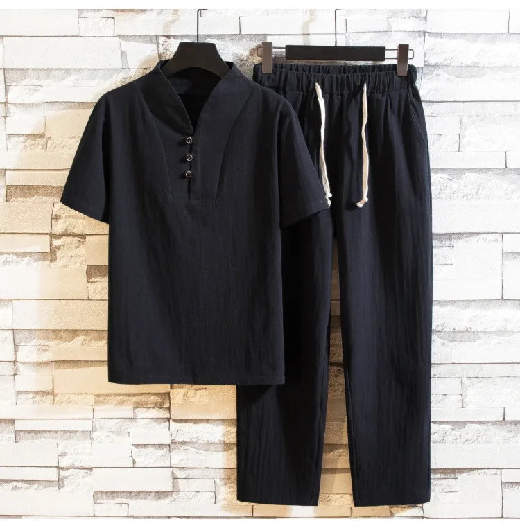 KOLKMAKOV Men’s Cotton Linen Short Sleeve Shirt and Trousers Set for Summer Smart Casual Wear