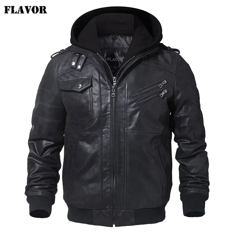 Men’s Genuine Leather Motorcycle Jacket with Removable Hood