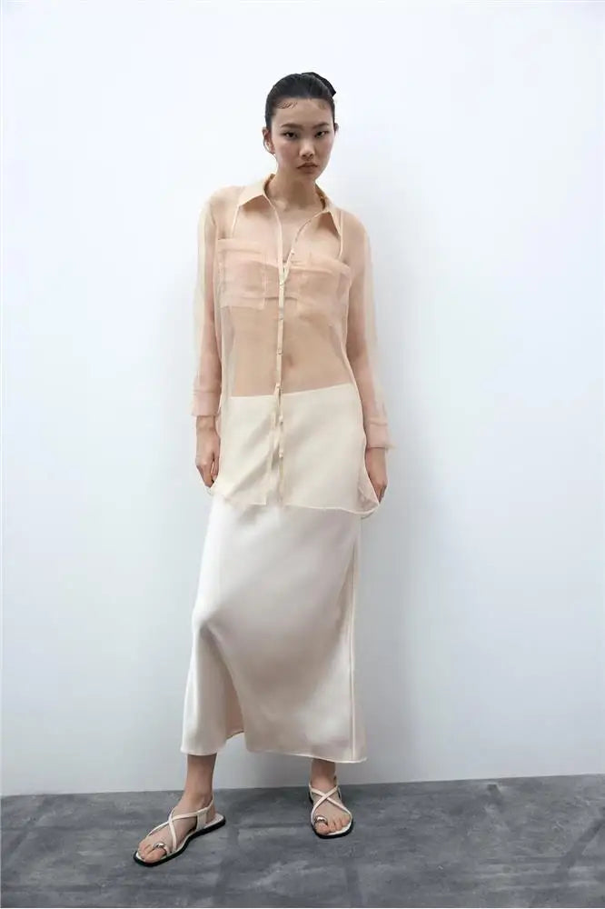 Elegant Satin High-Waist Midi Skirt for Effortless Everyday Style