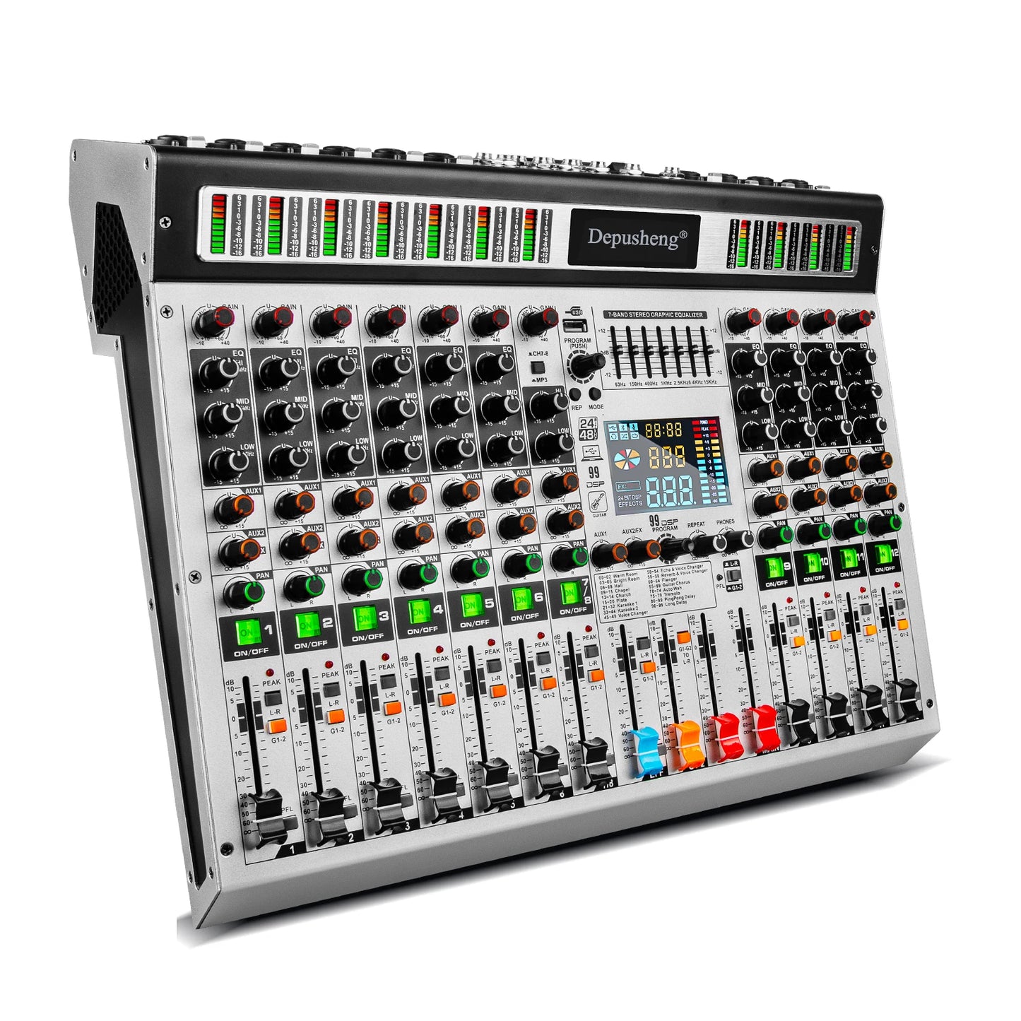 DEPUSHENG 12-Channel Audio Mixer with DSP Effects – Live Sound & Recording Console