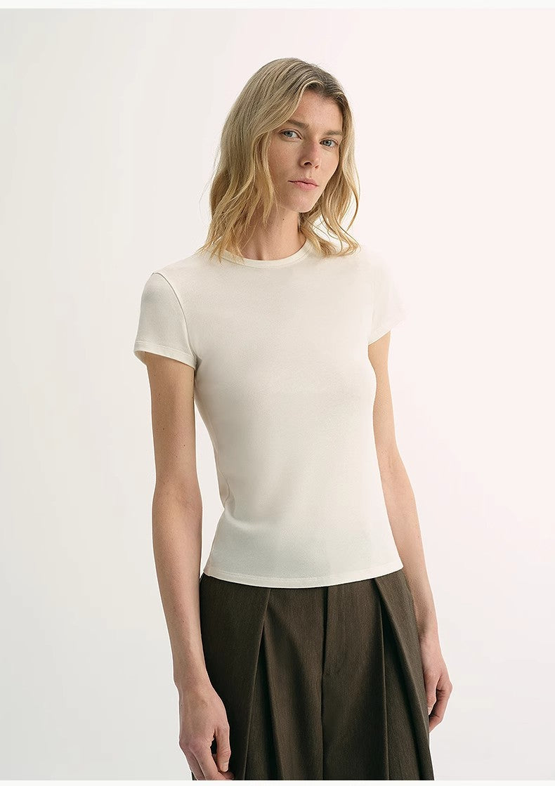 LINDIS Wool Mulberry Silk Classic Short-Sleeved Round Neck T-Shirt for Women