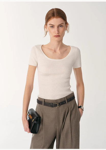 LINDIS Wool Mulberry Silk Classic Short-Sleeved Round Neck T-Shirt for Women