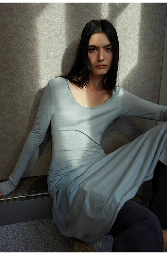 100% Wool U-Neck Irregular Hem Long Dress