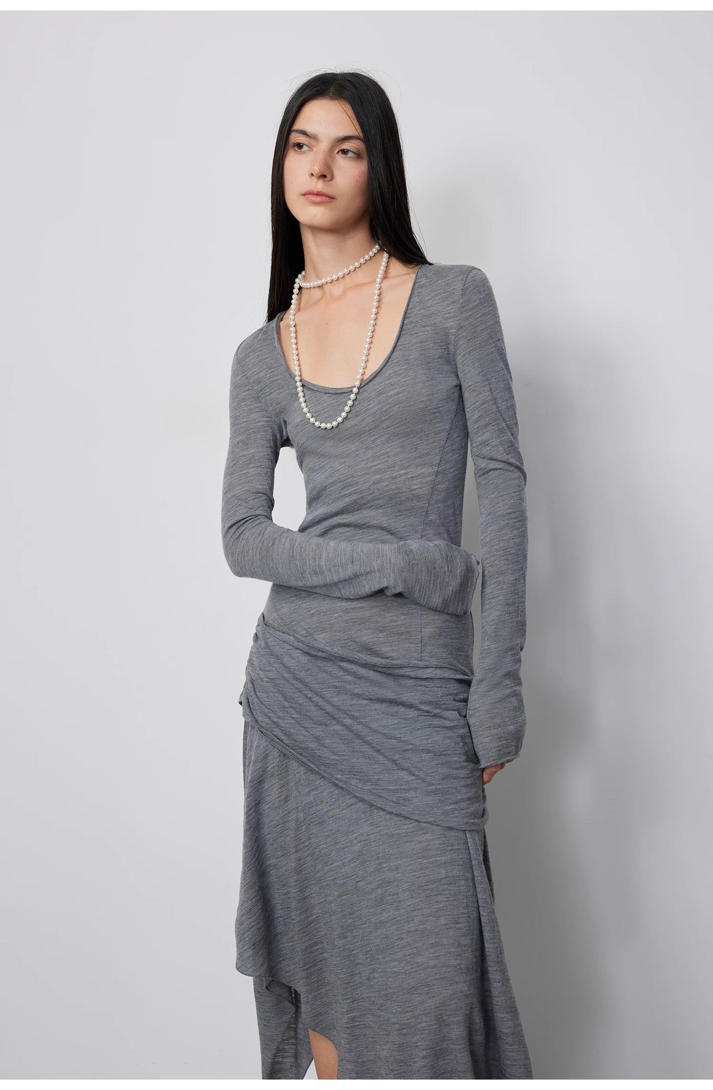 100% Wool U-Neck Irregular Hem Long Dress