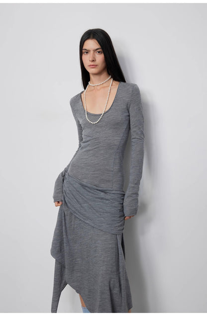 100% Wool U-Neck Irregular Hem Long Dress