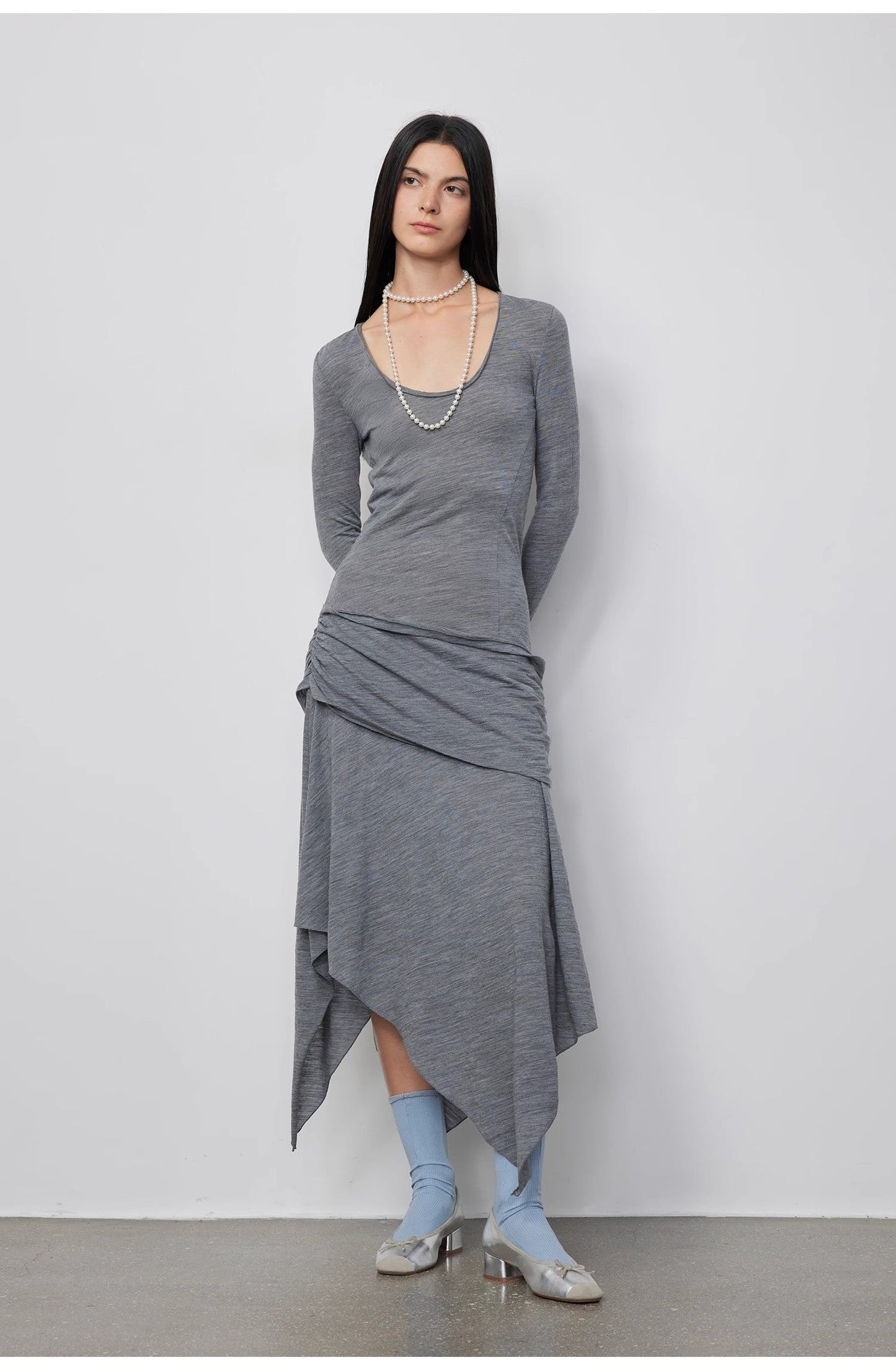 100% Wool U-Neck Irregular Hem Long Dress