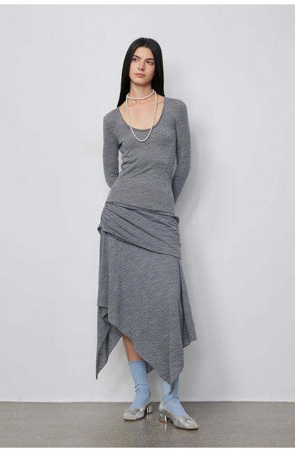 100% Wool U-Neck Irregular Hem Long Dress