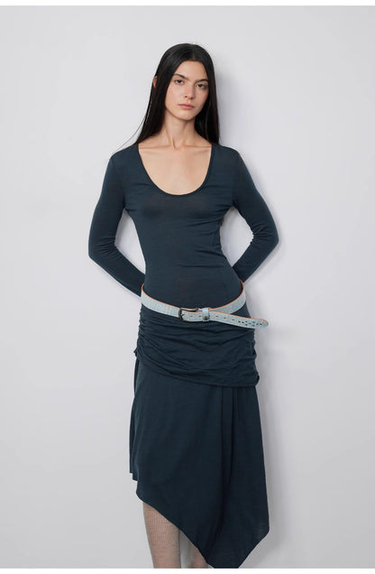 100% Wool U-Neck Irregular Hem Long Dress