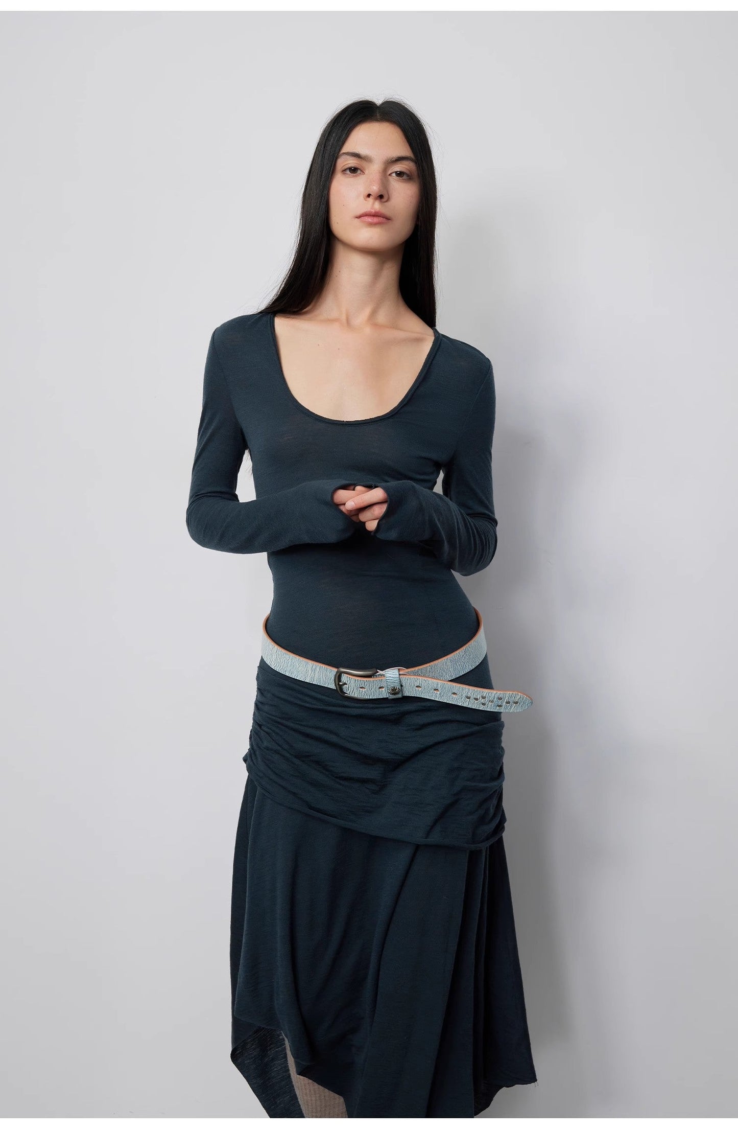 100% Wool U-Neck Irregular Hem Long Dress