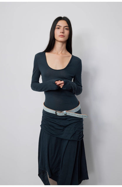 100% Wool U-Neck Irregular Hem Long Dress