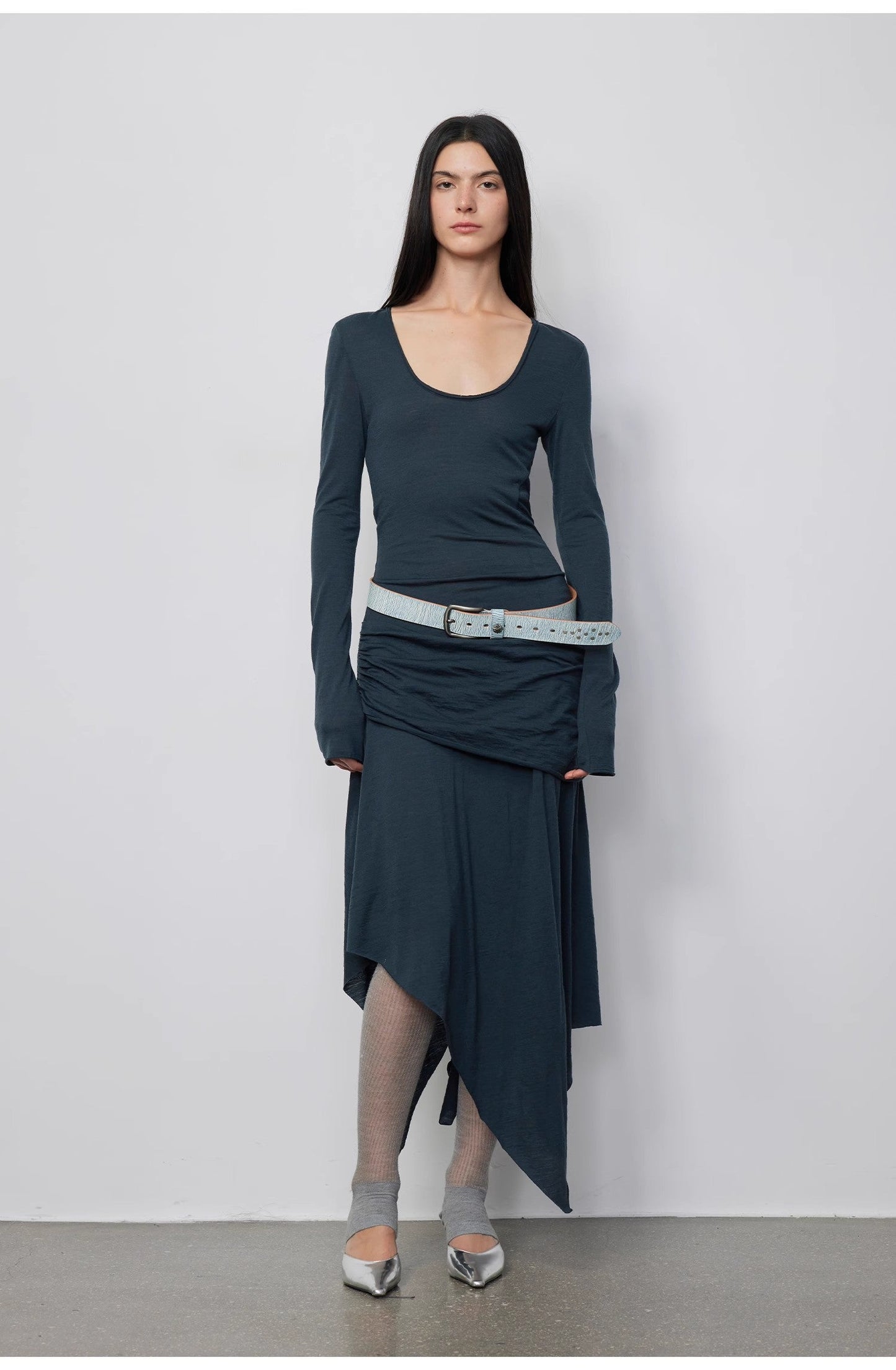 100% Wool U-Neck Irregular Hem Long Dress