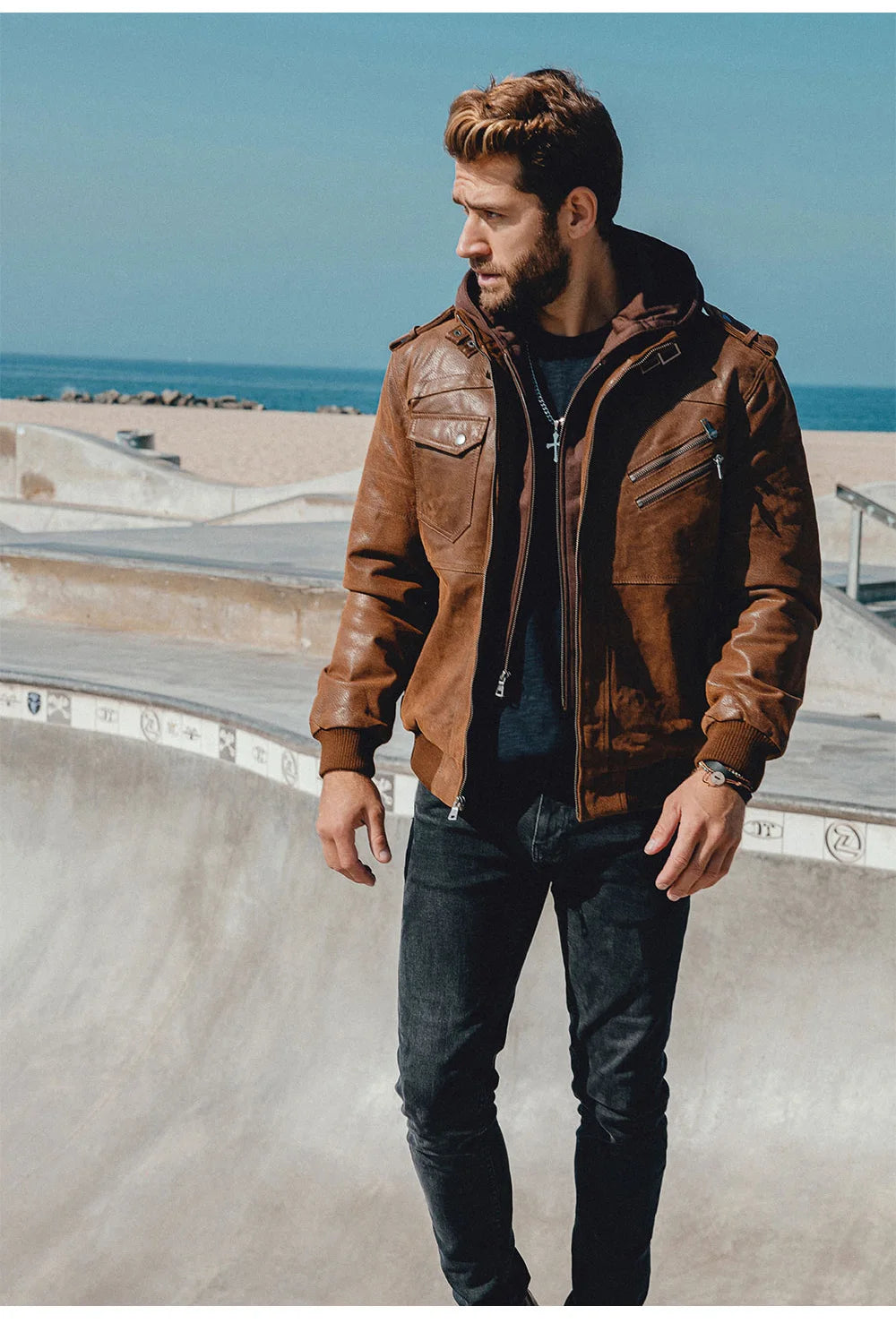 Men’s Genuine Leather Motorcycle Jacket with Removable Hood