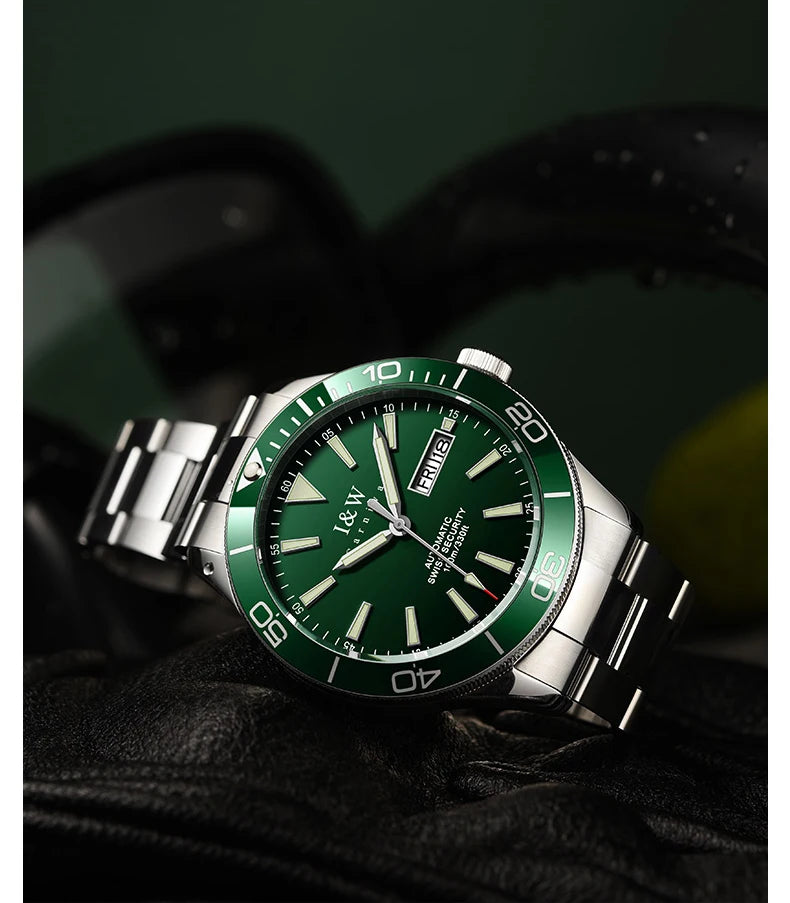 I&W Green Dial Automatic Sports Watch – Bold Diver-Style Mechanical Watch
