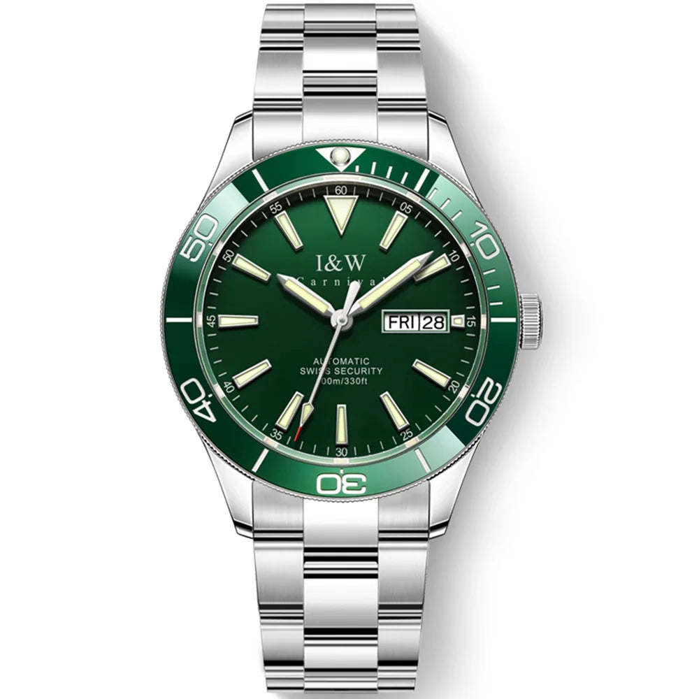 I&W Green Dial Automatic Sports Watch – Bold Diver-Style Mechanical Watch