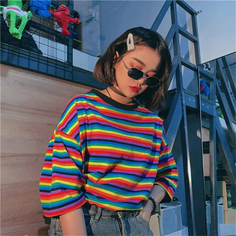 RHOYNAR Women’s Striped Loose Fit T-Shirt for Everyday Casual & Summer Wear
