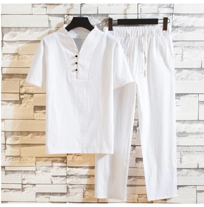 KOLKMAKOV Men’s Cotton Linen Short Sleeve Shirt and Trousers Set for Summer Smart Casual Wear