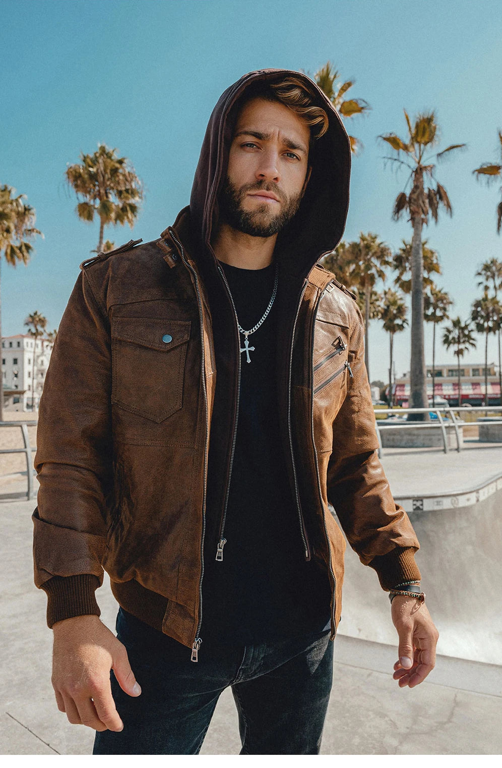 Men’s Genuine Leather Motorcycle Jacket with Removable Hood