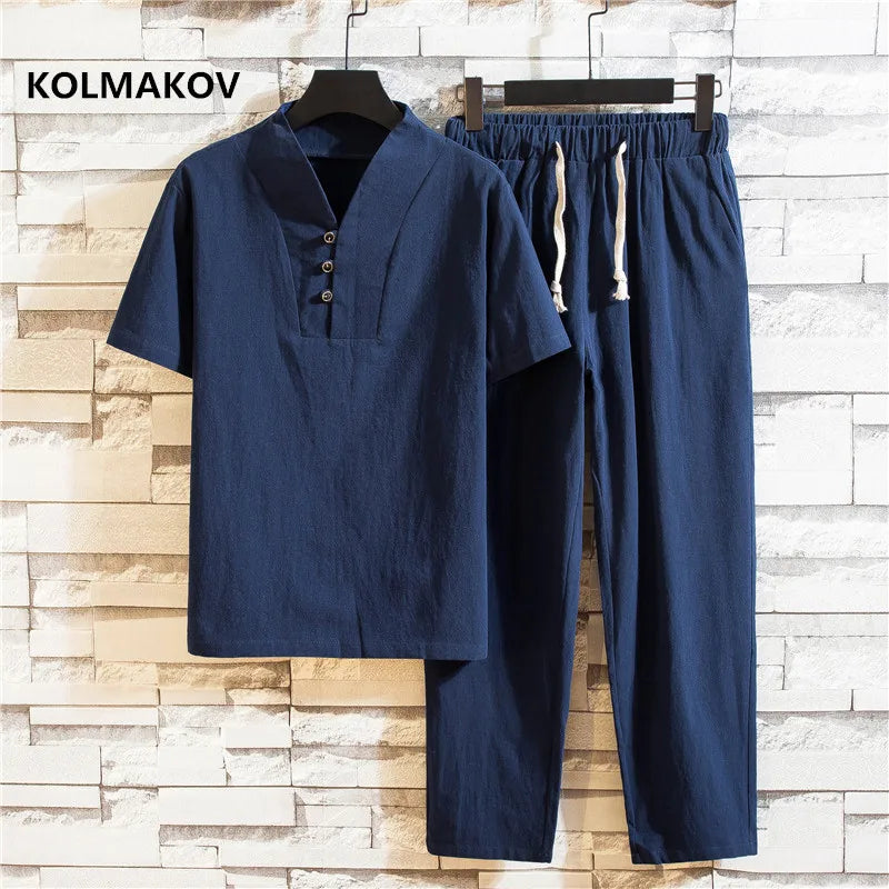 KOLKMAKOV Men’s Cotton Linen Short Sleeve Shirt and Trousers Set for Summer Smart Casual Wear