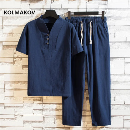 KOLKMAKOV Men’s Cotton Linen Short Sleeve Shirt and Trousers Set for Summer Smart Casual Wear