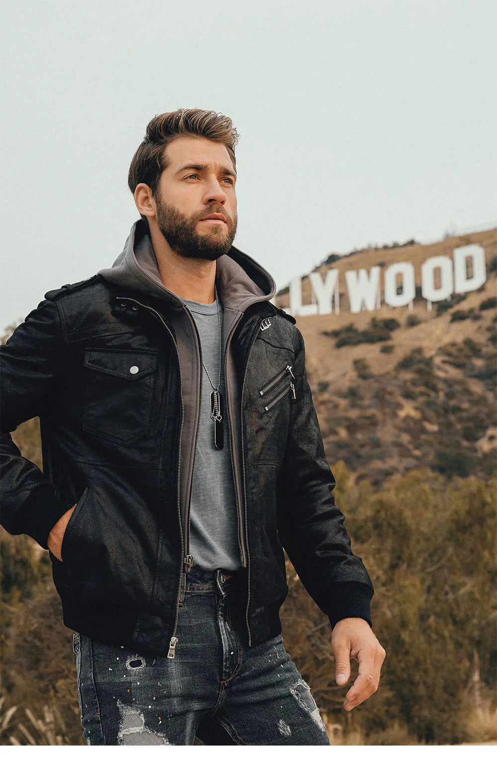 Men’s Genuine Leather Motorcycle Jacket with Removable Hood
