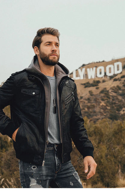 Men’s Genuine Leather Motorcycle Jacket with Removable Hood
