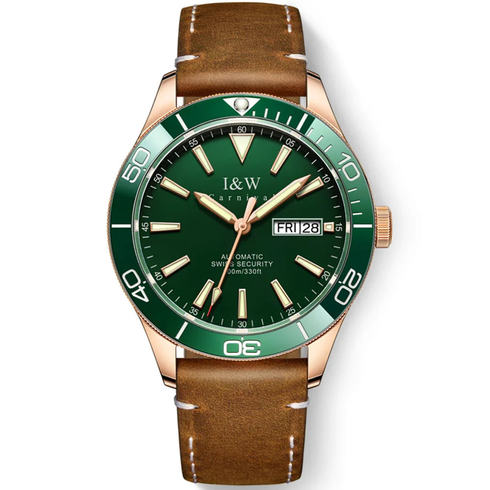 I&W Green Dial Automatic Sports Watch – Bold Diver-Style Mechanical Watch