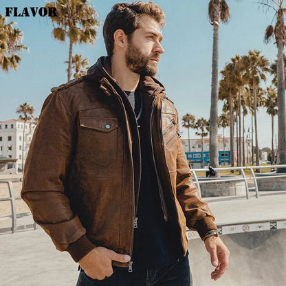 Men’s Genuine Leather Motorcycle Jacket with Removable Hood