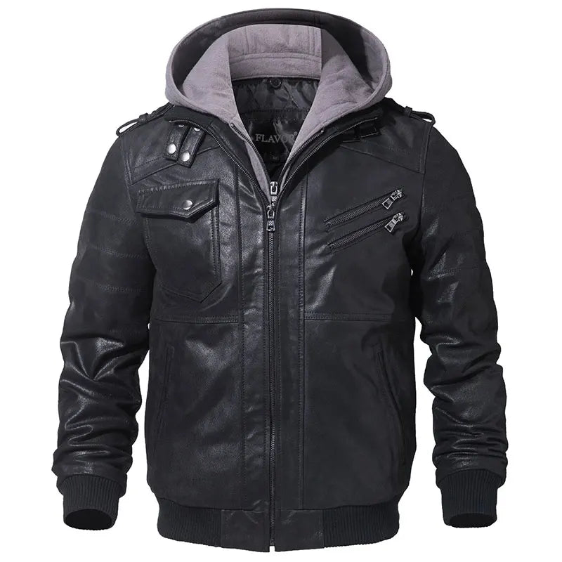 Men’s Genuine Leather Motorcycle Jacket with Removable Hood