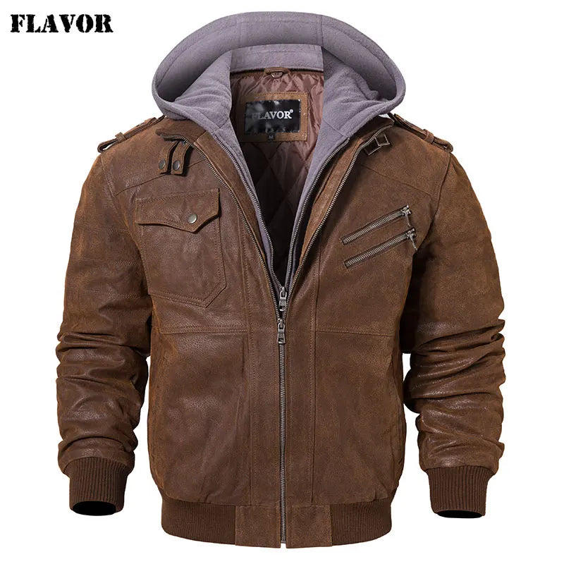 Men’s Genuine Leather Motorcycle Jacket with Removable Hood