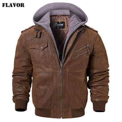 Men’s Genuine Leather Motorcycle Jacket with Removable Hood