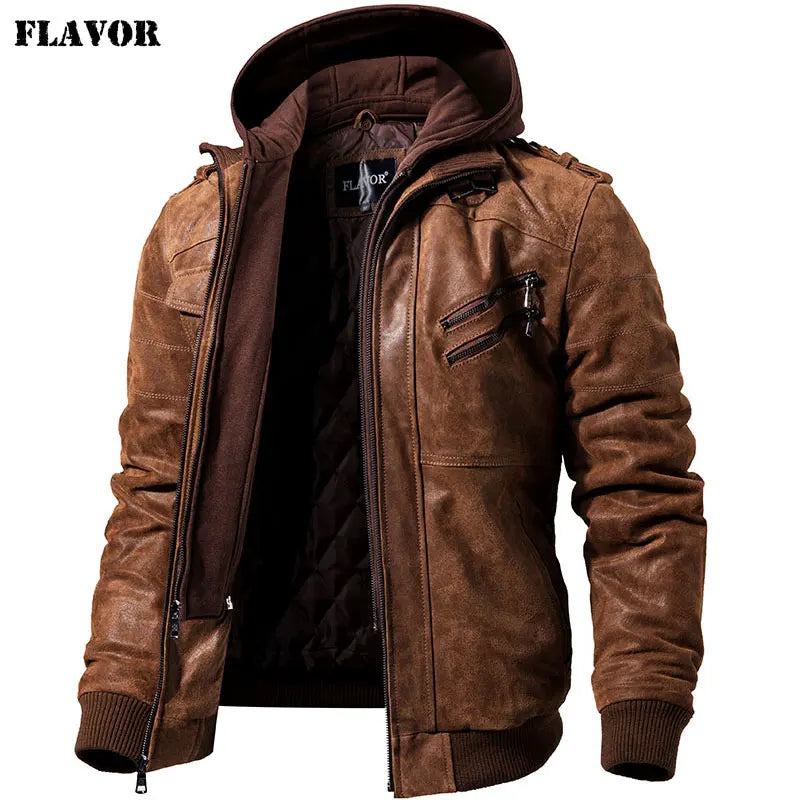 Men’s Genuine Leather Motorcycle Jacket with Removable Hood