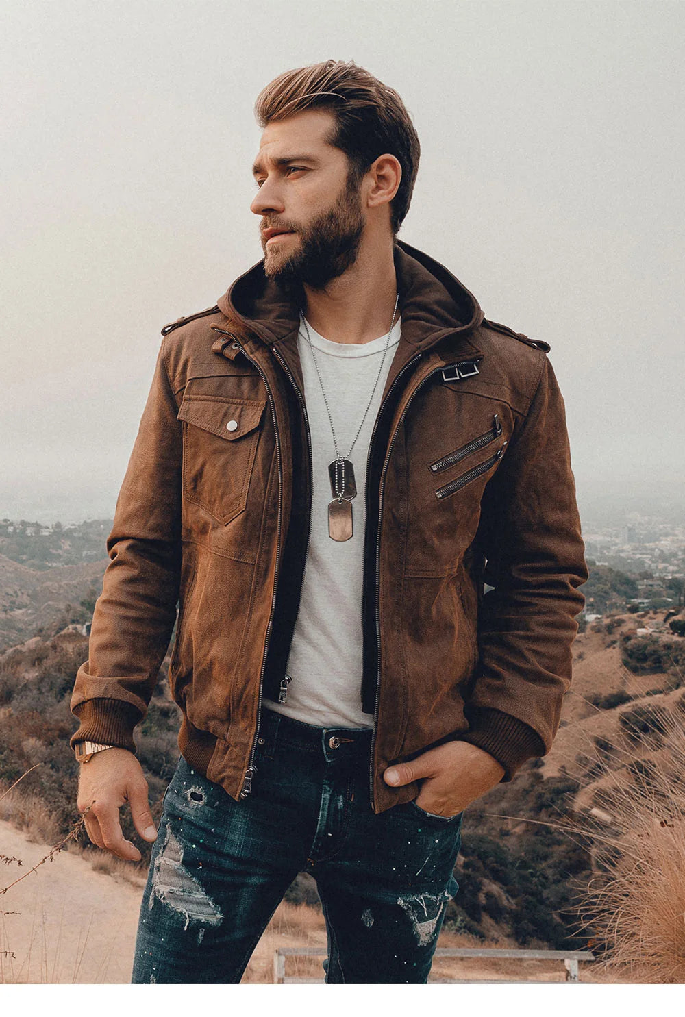 Men’s Genuine Leather Motorcycle Jacket with Removable Hood