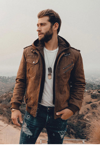 Men’s Genuine Leather Motorcycle Jacket with Removable Hood