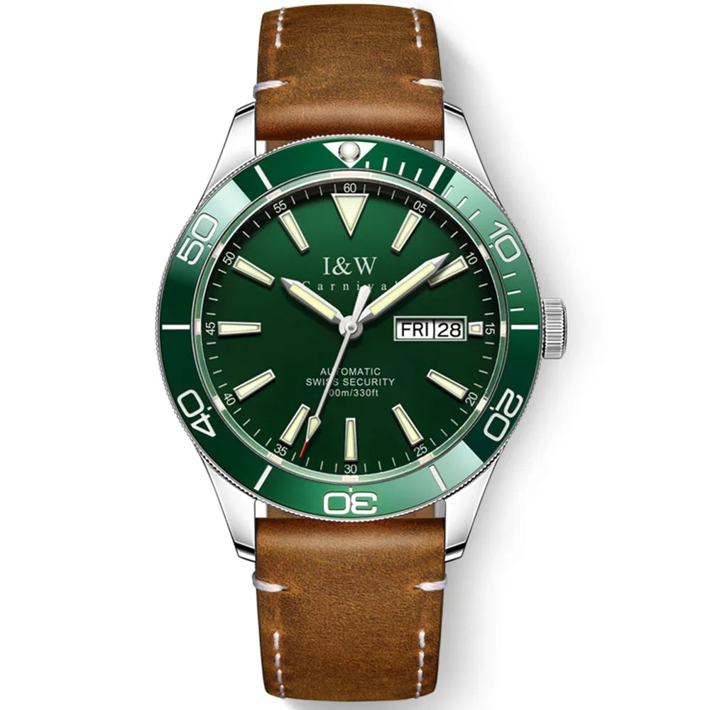 I&W Green Dial Automatic Sports Watch – Bold Diver-Style Mechanical Watch