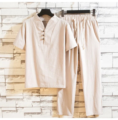 KOLKMAKOV Men’s Cotton Linen Short Sleeve Shirt and Trousers Set for Summer Smart Casual Wear