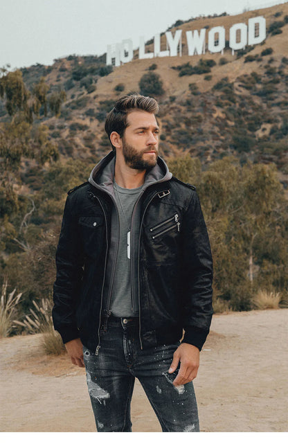 Men’s Genuine Leather Motorcycle Jacket with Removable Hood