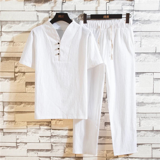 KOLKMAKOV Men’s Cotton Linen Short Sleeve Shirt and Trousers Set for Summer Smart Casual Wear