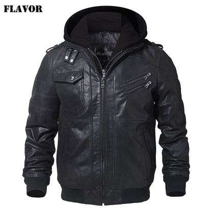 Men’s Genuine Leather Motorcycle Jacket with Removable Hood