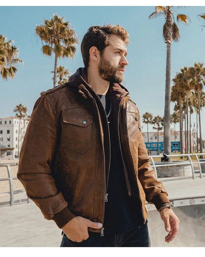 Men’s Genuine Leather Motorcycle Jacket with Removable Hood