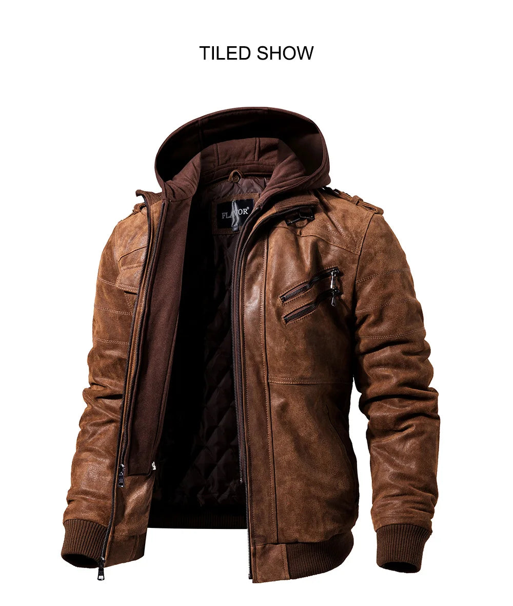Men’s Genuine Leather Motorcycle Jacket with Removable Hood