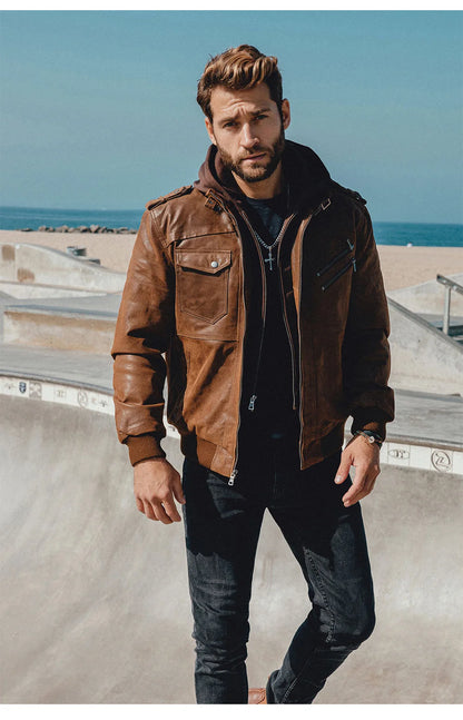 Men’s Genuine Leather Motorcycle Jacket with Removable Hood
