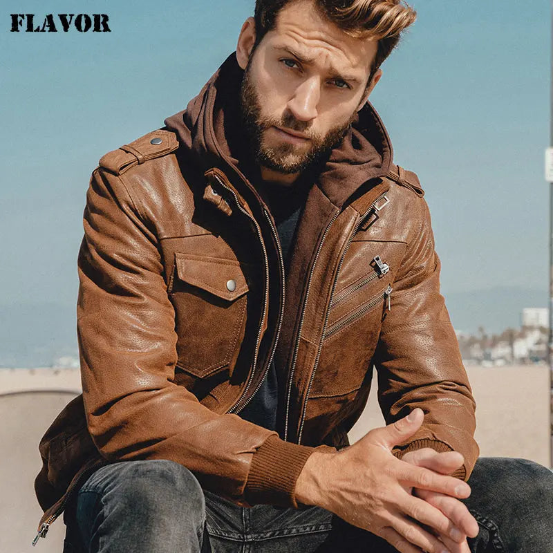 Men’s Genuine Leather Motorcycle Jacket with Removable Hood