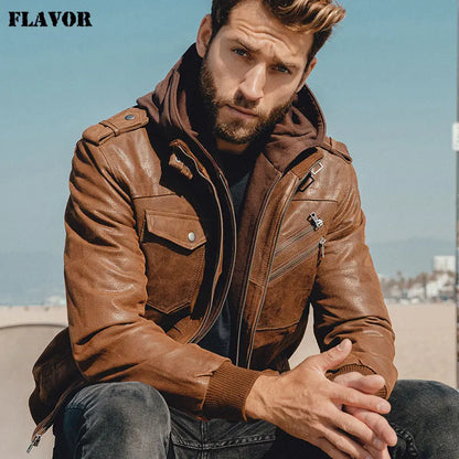 Men’s Genuine Leather Motorcycle Jacket with Removable Hood