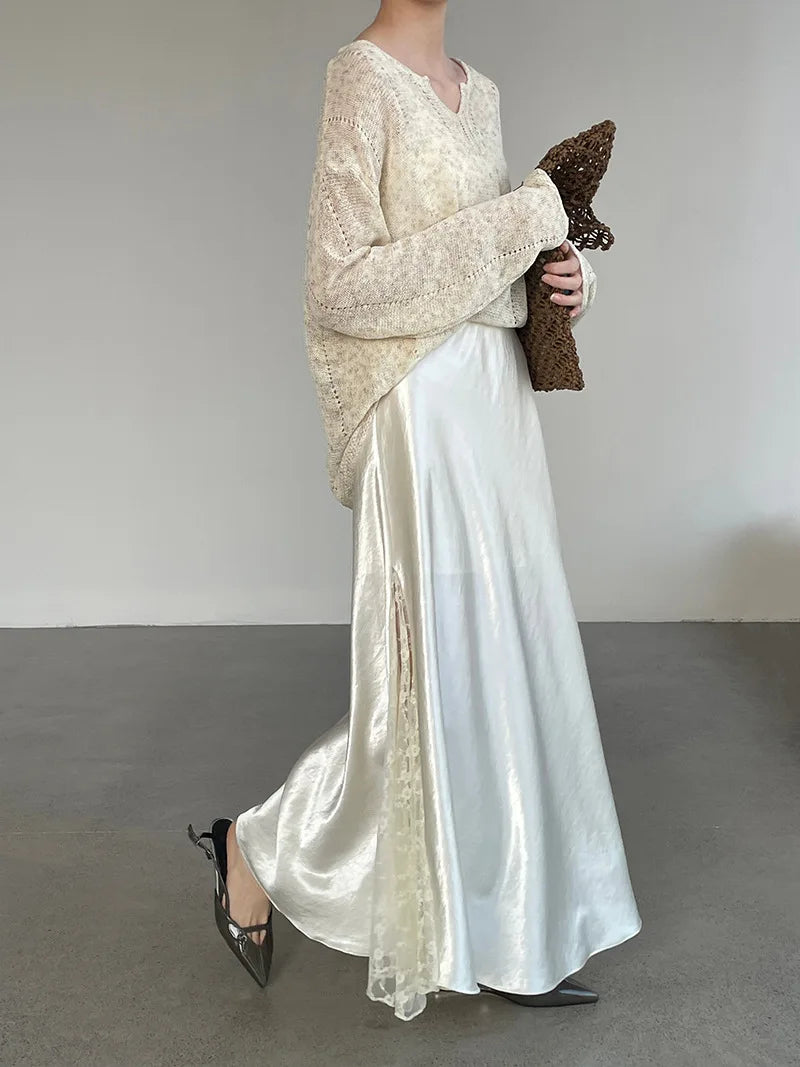YEMOCILE Elegant Satin Lace Midi Skirt for Dressy & Feminine Outfits
