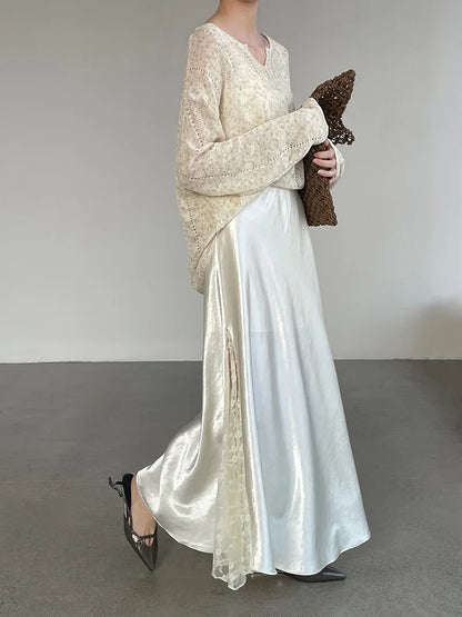 YEMOCILE Elegant Satin Lace Midi Skirt for Dressy & Feminine Outfits
