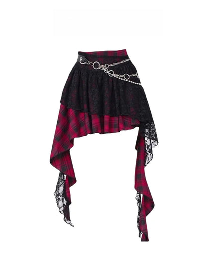 Women’s Y2K Plaid Lace Sash Skirt — High Waist A‑Line Punk Street Style