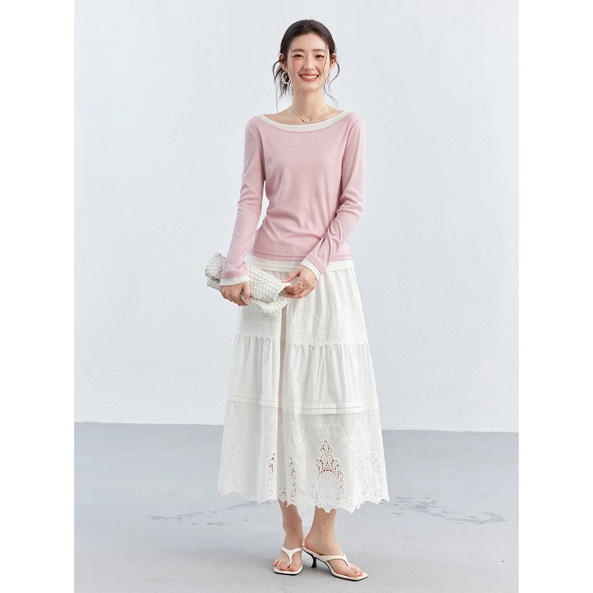 VIMLY Women's Elegant White Lace Tiered Midi A-Line Skirt for Spring & Vacation Outfits