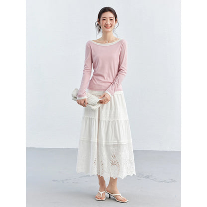 VIMLY Women's Elegant White Lace Tiered Midi A-Line Skirt for Spring & Vacation Outfits