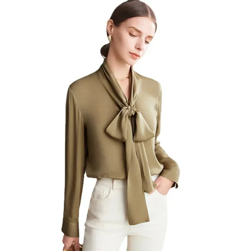 SFELIKY Elegant Silk Bow Tie Blouse for Spring & Summer Outfits