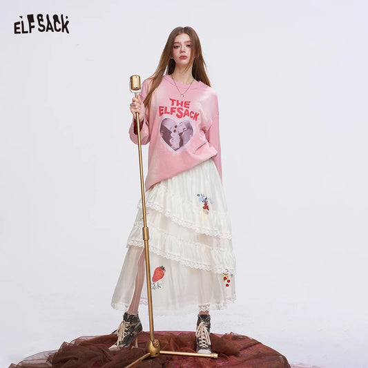 ELFSACK Layered Lace & Floral Midi Skirt – Romantic Spring Style
